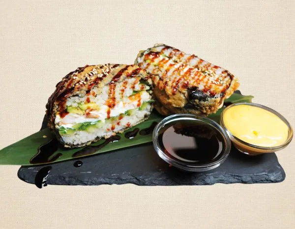 Sushi burger with tiger prawns